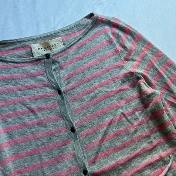 DEMYLEE heather grey pink striped cashmere knit button up long sleeve cardigan - Picture 3 of 5